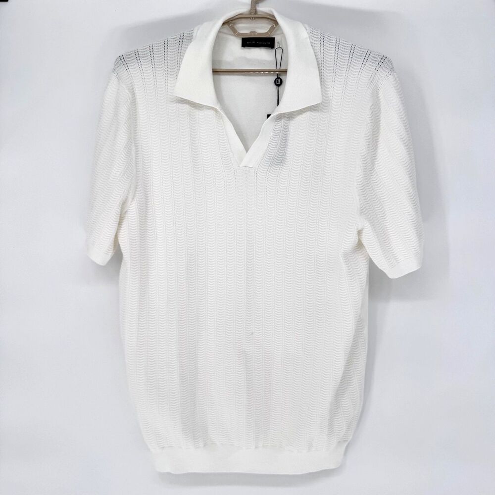 Elie Tahari Mens White Ribbed Knit Polo Sweater Short Sleeve US L NWT